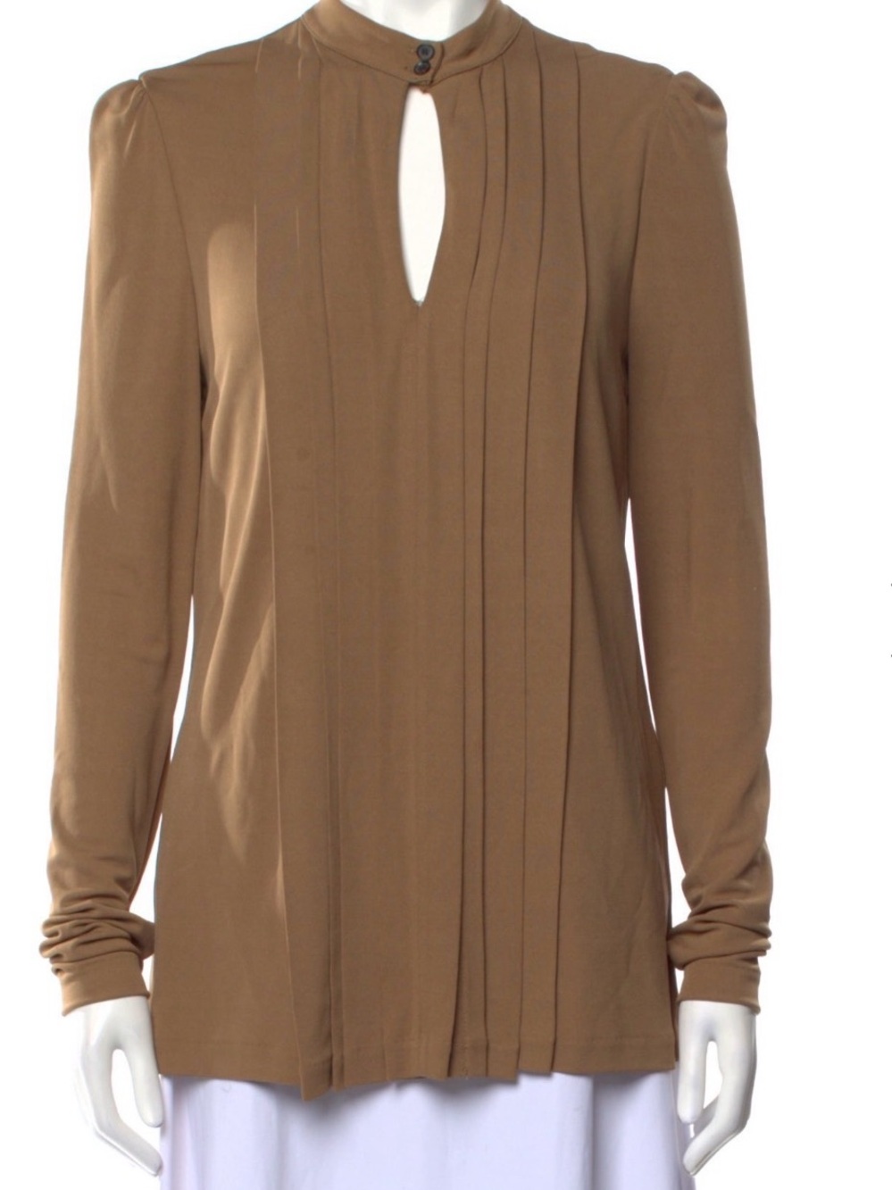 Burberry Tan Keyhole Pintuck Long Sleeve Top